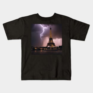 Iconic World Landmarks During A Thinderstorm: Eiffel Tower Paris Kids T-Shirt